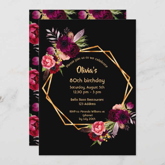 80th birthday burgundy floral gold geometric black invitation (Front/Back)