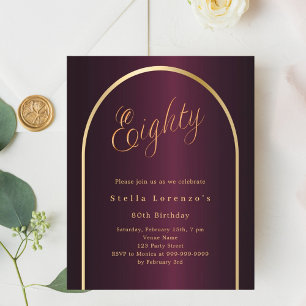 80th birthday burgundy gold arch invitation