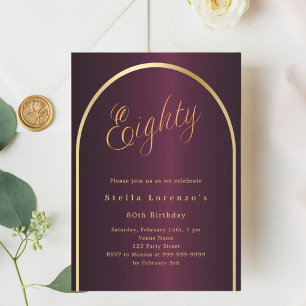 80th birthday burgundy gold arch script elegant invitation