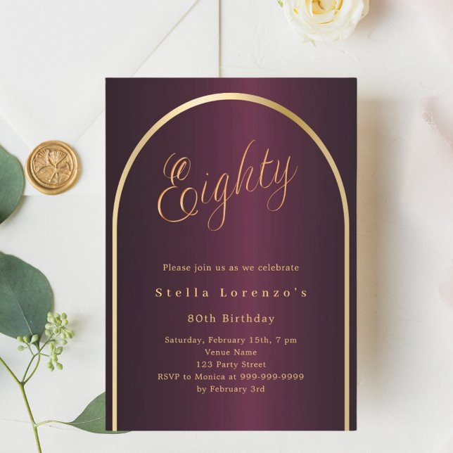 80th birthday burgundy gold arch script elegant invitation (Creator Uploaded)
