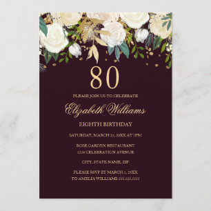 80th Birthday Burgundy Gold Floral Invitation