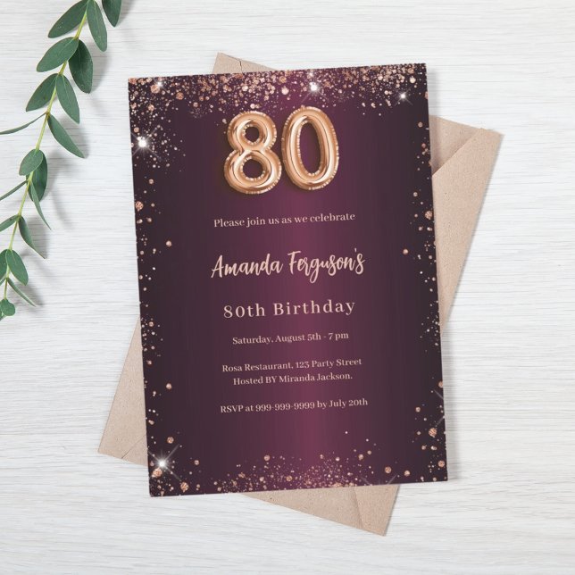 80th birthday burgundy rose gold invitation (Creator Uploaded)