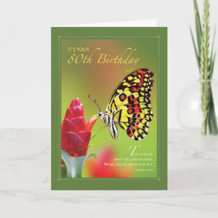 80th Birthday Butterfly on Red Flower Card