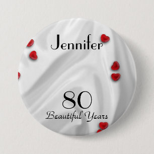 80th Birthday Button / Pin, Small Red Hearts