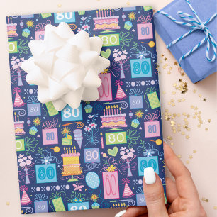 80th Birthday Cake Presents Balloons Blue Wrapping Paper Sheet