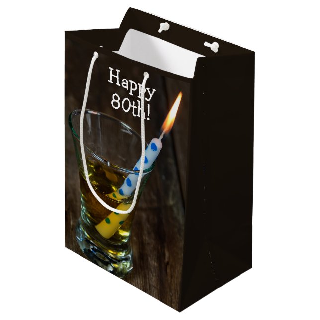 80th Birthday Candle in Whiskey Glass  Medium Gift Bag (Front Angled)