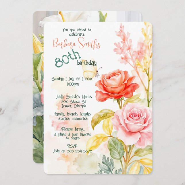 80th Birthday Celebration Beautiful Spring Flowers Invitation (Front/Back)