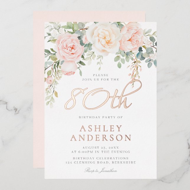  80th Birthday Celebration Blush Floral Rose Gold (Front/Back)