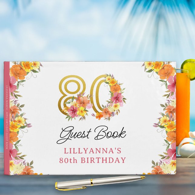 80th Birthday Celebration Floral Gold Number 80 Guest Book (80th Birthday Party Guest Book from my Floral Number Birthday Party Collection)