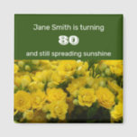 80th Birthday Celebration Milestone Yellow Floral Magnet<br><div class="desc">Celebrate 80 years old or another milestone birthday year with this floral magnet. Bright yellow flowers adorn the magnet bringing a burst of colour to this birthday gift or party favour. The top features a solid banner of pale yellow colours along with the birthday girl's name, age, and words to...</div>