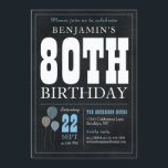 80th Birthday Chalkboard Blue Balloon Rustic Chic Invitation<br><div class="desc">Rustic Vintage Chalkboard White Blue Balloon 80th Birthday Party Invitation</div>