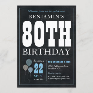 80th Birthday Chalkboard Blue Balloon Rustic Chic Invitation