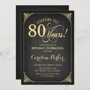 80th Birthday - Chalkboard Gold Invitation