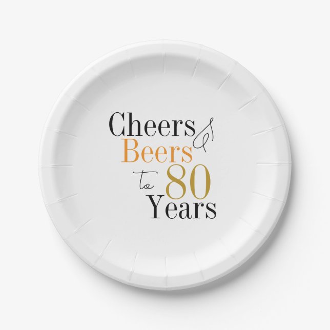 80th Birthday Cheers and Beers Minimal Party Paper Plate (Front)