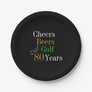 80th Birthday Cheers Beers Golf Black Gold Party Paper Plate