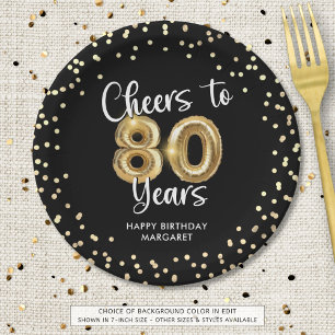 80th Birthday Cheers to 80 Years Black Gold Paper Plate