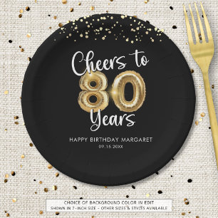80th Birthday Cheers to 80 Years Black Gold Paper Plate