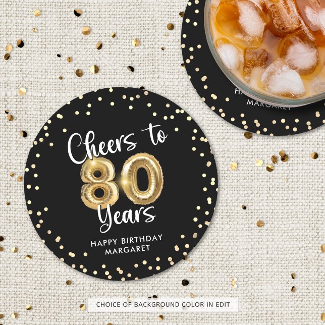 80th Birthday Cheers to 80 Years Black Gold Round Paper Coaster (Creator Uploaded)