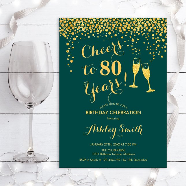 80th Birthday - Cheers To 80 Years Emerald Green Invitation (Creator Uploaded)