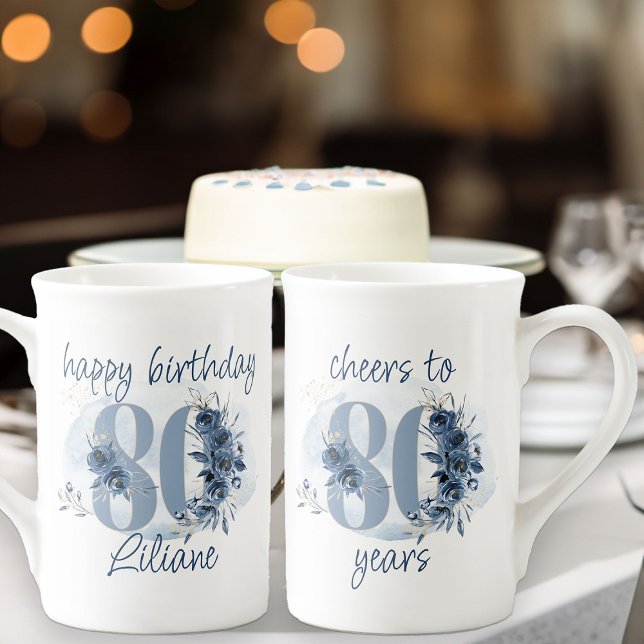 80th Birthday Cheers to 80 Years Floral Number Bone China Mug (80th Birthday gift mug from my Floral Number Milestone Birthday Collection)