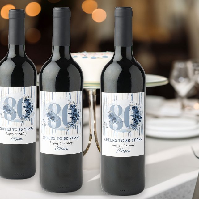 80th Birthday Cheers to 80 Years Floral Number Wine Label (80th Birthday Wine Labels from my Floral Number Milestone Birthday Collection)