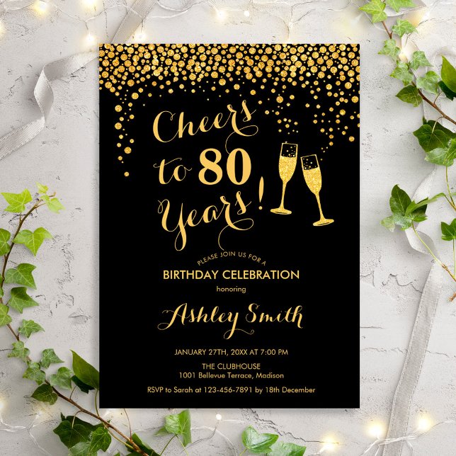 80th Birthday - Cheers To 80 Years Gold Black Invitation (Creator Uploaded)