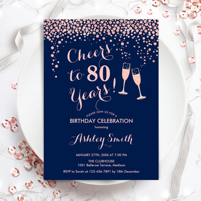 80th Birthday - Cheers To 80 Years Rose Gold Navy Invitation (Creator Uploaded)