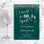 80th Birthday - Cheers To 80 Years Silver Green Invitation<br><div class="desc">80th Birthday Invitation. Cheers To 80 Years! Elegant design in green,  white and silver. Features champagne glasses,  script font and confetti. Perfect for a stylish eightieth birthday party. Personalise with your own details. Can be customised to show any age.</div>