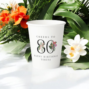 80th Birthday Cheers with Name Tropical Floral Paper Cups