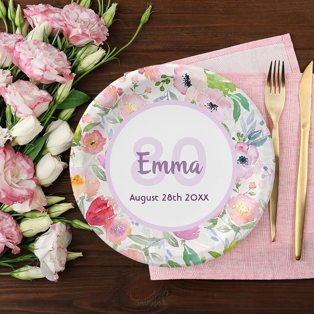 80th birthday chic boho watercolored pink flowers paper plate (Creator Uploaded)