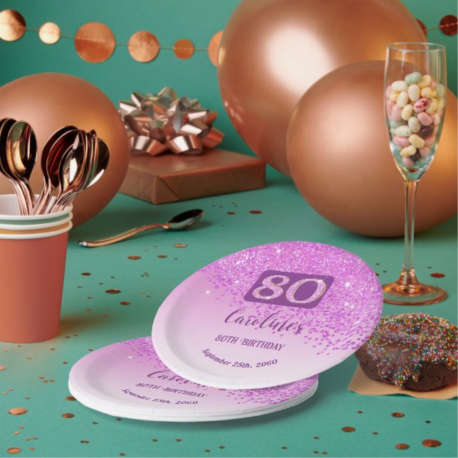 80th Birthday Chic Falling Pink Glitter Paper Plate (Multi)