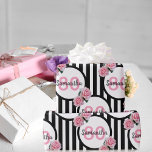 80th birthday chic pink roses black white stripes wrapping paper<br><div class="desc">Classic slim black and white vertical stripes as background. With girly, feminine and romantic pink roses as decoration. Perfect for an elegant 80th birthday party for her. White and black frames with templates for name and age. Age number 80 in pink, name and date in black. The name is written...</div>