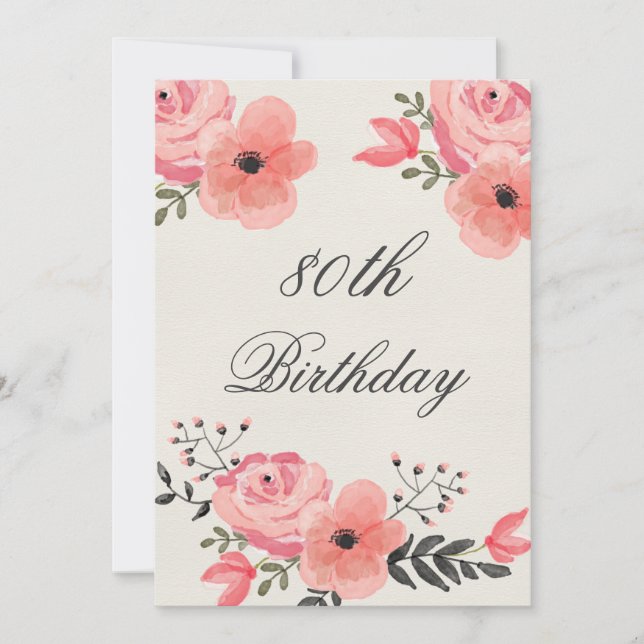 80th Birthday Chic Watercolor Flowers Invitation (Front)