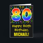 80th Birthday: Colorful Music Symbols   Rainbow 80 Card<br><div class="desc">The front of this fun, vibrant, and colorful birthday themed greeting card design features a large number "80" having a rainbow spectrum gradient inspired pattern. It also features the message "Happy 80th Birthday, ", and a custom recipient name. The front also has a pattern of various music notes and symbols...</div>