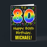 80th Birthday: Colorful Music Symbols   Rainbow 80 Card<br><div class="desc">The front of this fun, vibrant, and colorful birthday themed greeting card design features a large number "80" having a rainbow spectrum gradient inspired pattern. It also features the message "Happy 80th Birthday, ", and a custom recipient name. The front also has a pattern of various music notes and symbols...</div>