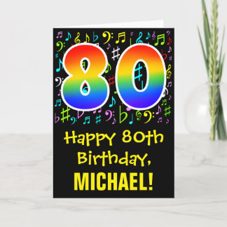 80th Birthday: Colorful Music Symbols + Rainbow 80 Card