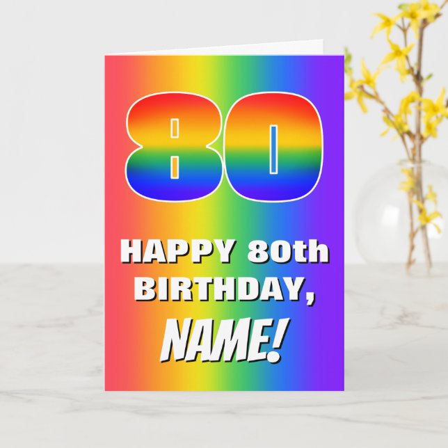 80th Birthday: Colourful, Fun Rainbow Pattern # 80 Card (Yellow Flower)