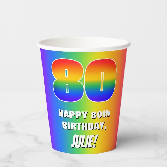 80th Birthday: Colourful, Fun Rainbow Pattern # 80 Paper Cups (Back)