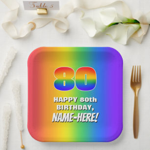 80th Birthday: Colourful, Fun Rainbow Pattern # 80 Paper Plate
