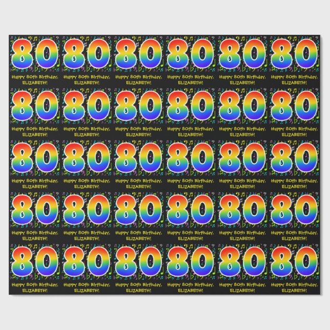 80th Birthday: Colourful Music Symbols, Rainbow 80 Wrapping Paper (Flat)