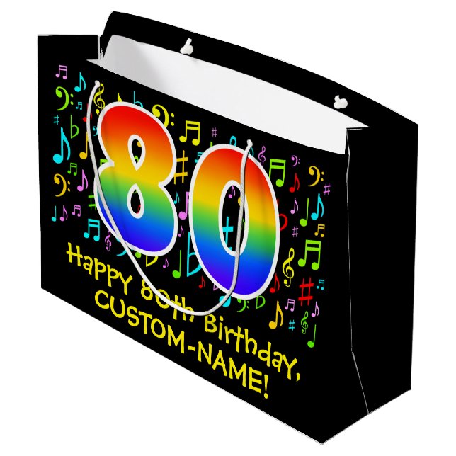 80th Birthday - Colourful Music Symbols, Rainbow 8 Large Gift Bag (Back Angled)
