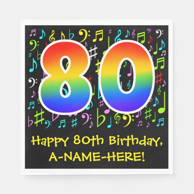 80th Birthday - Colourful Music Symbols, Rainbow 8 Napkin (Front)