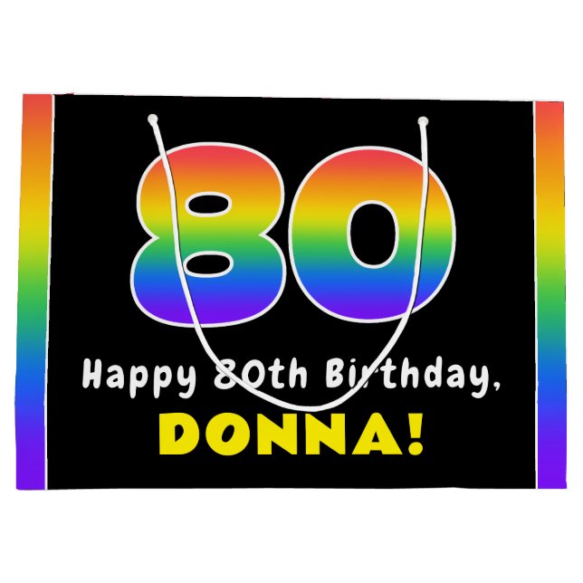 80th Birthday: Colourful Rainbow # 80, Custom Name Large Gift Bag (Back)