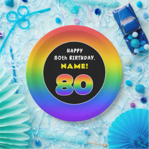 80th Birthday: Colourful Rainbow # 80, Custom Name Paper Plate