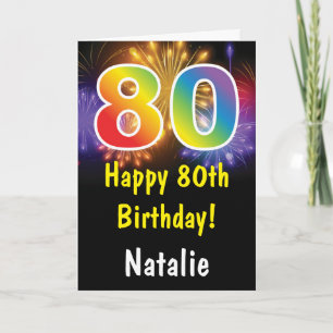 80th Birthday Colourful Rainbow Fireworks Card