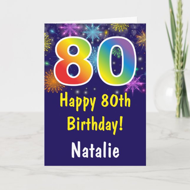 80th Birthday Colourful Rainbow Fireworks Navy Blu Card (Front)