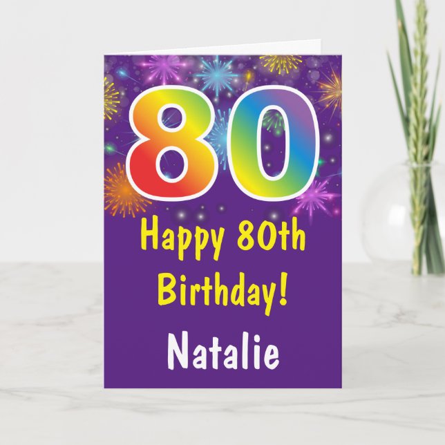 80th Birthday Colourful Rainbow Fireworks Purple Card (Front)