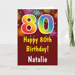 80th Birthday Colourful Rainbow Fireworks Red Card