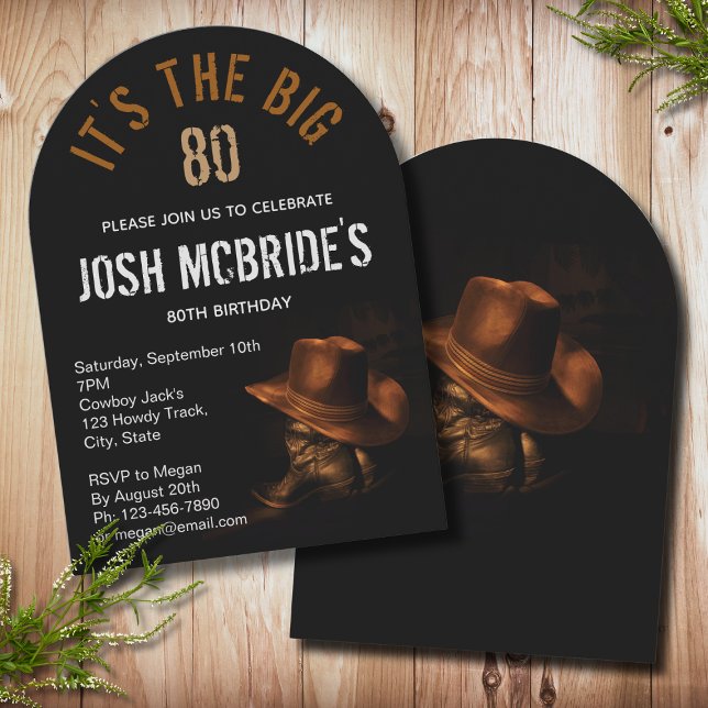 80th Birthday Cowboy Hat Boots Masculine Invitation (Creator Uploaded)