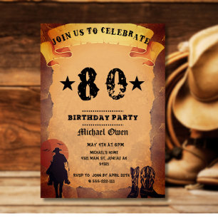 80th birthday cowboy old paper horse riding party invitation
